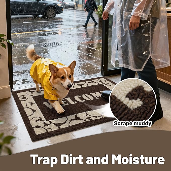 20"x32" Thick Entryway Indoor Mat, Dirt Trapping Door Mat, Americana Feel Hooked Rug, Heavy Duty Door Mat Outside Entrance, Shoe Scraper, Welcome Mat for Front & Back Door, Brown