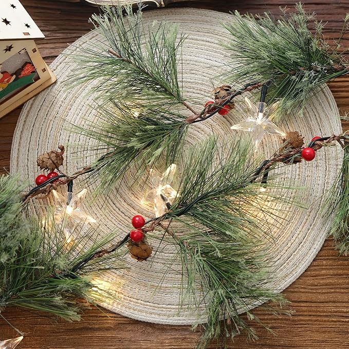 6ft Christmas Smokey Pine Garland with Lights and Stars,Battery Operated Garland with Timer,Christmas Decorations for Fireplace Home Stair Railing Outdoor Holiday Decor