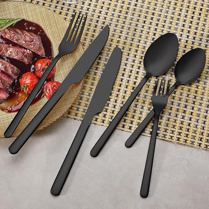 24 Pcs Black Silverware Set with Steak Knives, Food-Grade Stainless Steel Flatware Cutlery Set for 4, Mirror Polished Tableware Eating Utensils Set for Kitchen, Knife Fork Spoon Set, Dishwasher Safe