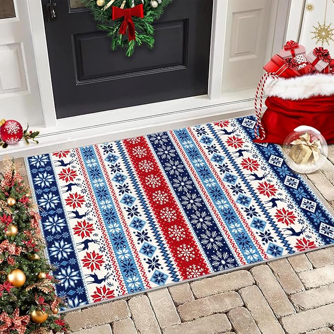 Small Entryway Area Rug 2x3 Christmas Rug Indoor Non-Slip Front Door Mat Washable Boho Rug Xmas Decorative Throw Floor Covers Farmhouse Geometric Festival Carpet for Living Room Bedroom, Blue