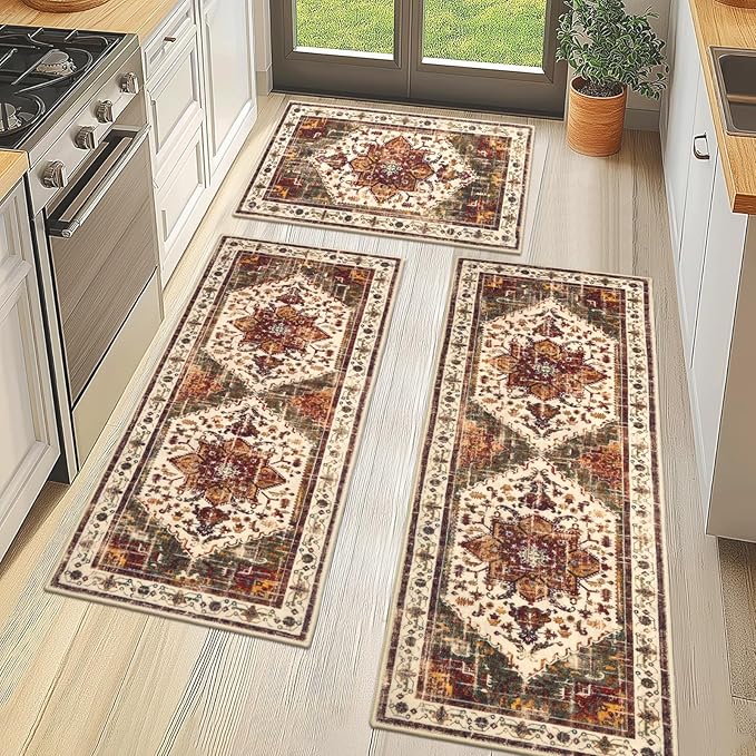 Yamaziot Boho Washable Kitchen Rugs Sets of 3, Non Slip Kitchen Mats for Floor with Rubber Backing, Waterproof & Stain Resistant Thick Carpet Runner Throw Rug for Kitchen, Laundry Room, Hallway