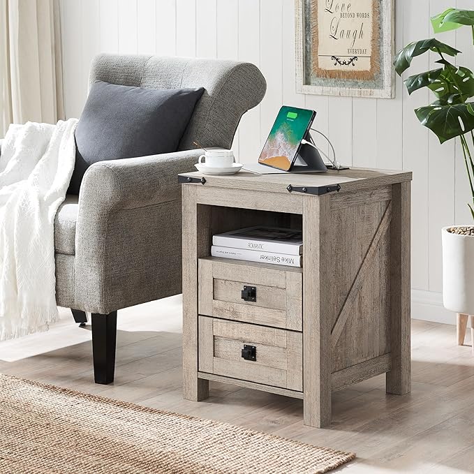 RedLemon Farmhouse Nightstand with Charging Station, Rustic 18 Inch End Table with 2 Storage Drawers and Open Shelf, Wood Sofa Side Table for Bedroom, Living Room (Light Rustic Oak)