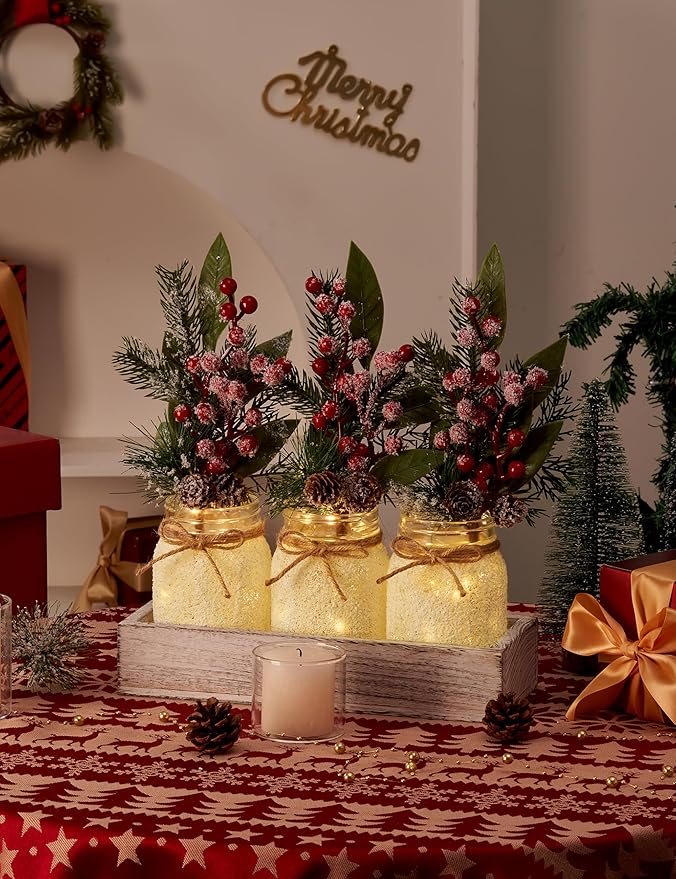 Christmas Centerpieces for Tables, Table Decor with Mason Jar, Flowers Picks, Farmhouse Wood Tray, Christmas Winter Table Decorations Centerpieces, Xmas Holiday, Kitchen, Room, Dining Decor