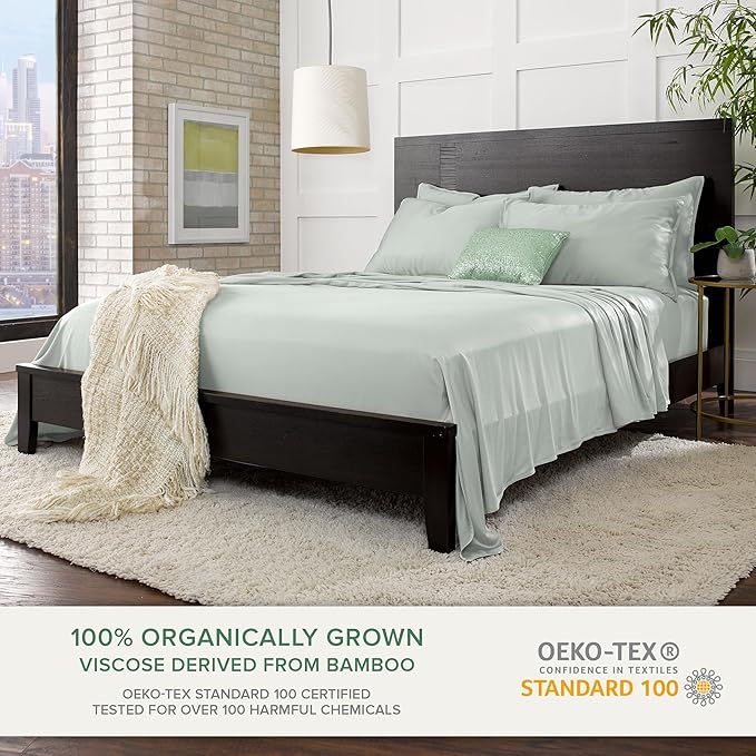 King Sheets by Pure Bamboo, Genuine 100% Organic Viscose Derived from Bamboo Bed Sheet Set, Luxuriously Soft & Cooling, Double Stitching, 2 Year Quality Promise (King, Sea Glass)