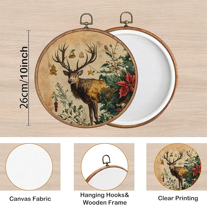 KSDUT Vintage Deer Wall Decor Art - Retro Christmas Wall Art Canvas Frame Hanging Prints, Xmas Holiday Elk Round Wall Art Decor for Farmhouse Home Decorations 10"x10"