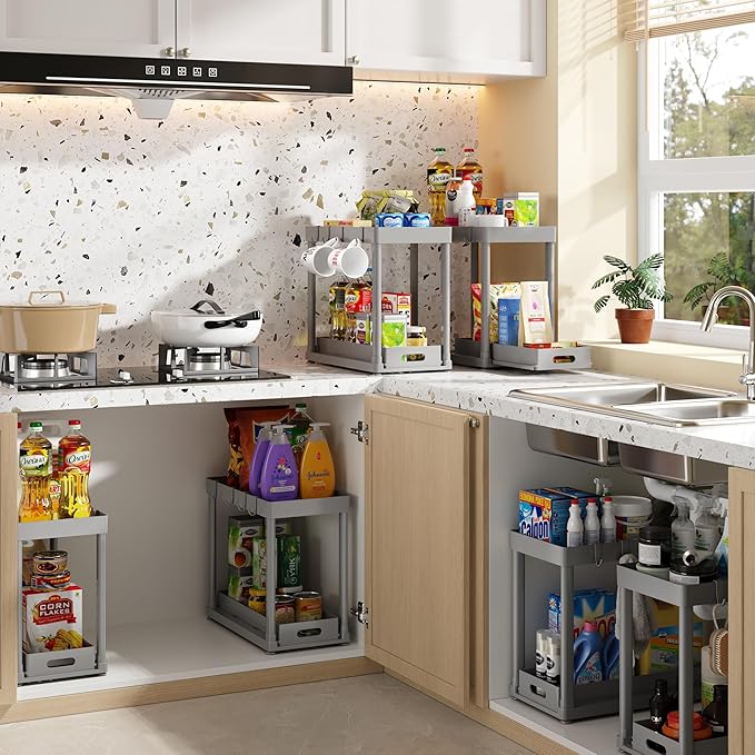 2PC Under Sink Organizer Rack 2 Tier Under Sliding Cabinet Basket Organizer Drawer with 4 Hooks, Multi-purpose Under Sink Storage for Bathroom Kitchen Desktop(Grey)