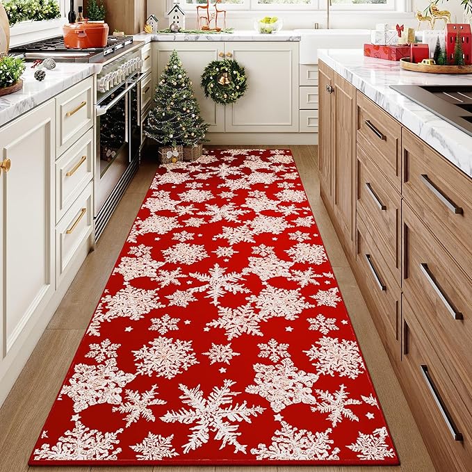 Red Runner Rug 2x6 Christmas Hallway Carpet Snowflake Washable Bedroom Carpet Xmas Holiday Decor Non Slip Kitchen Mat Indoor Decorative Throw Rug Dining Room Laundry Room Living Room