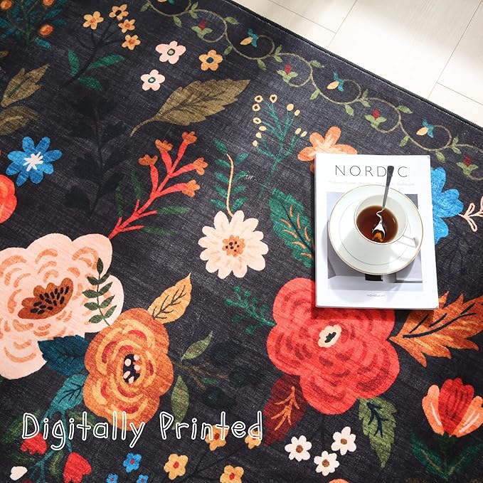 Rugcomf Area Rug 4x6 Rug Washable Boho Rugs Non Slip Low Pile Floral Small Carpet for Bedroom, Bedside, Kids Room, Office, Dining Room(Black)