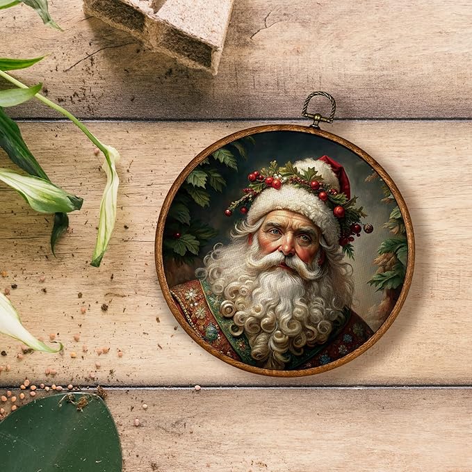 KSDUT Vintage Christmas Wall Decor Art - Retro Santa Claus Wall Art Canvas Frame Hanging Prints, Merry Christmas Xmas Holiday Round Wall Art Decor for Farmhouse Home Decorations 10"x10"