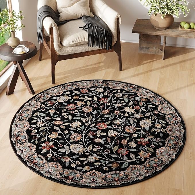 Rugcomf Vintage Paisley Round Rug 4ft - Machine Washable Area Rug, Non-Slip Low Pile Floral Carpet for Entryway, Living Room, Bedroom, Dining Room, Kids, Bathroom, Office - Black