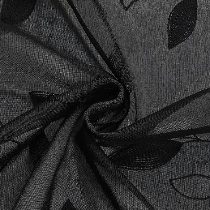 HOMEIDEAS Black Sheer Curtains 52 X 63 Inches Length 2 Panels Black Embroidered Leaf Pattern Gothic Faux Linen Floral Semi Sheer Voile Window Curtains/Drapes for Bedroom Living Room
