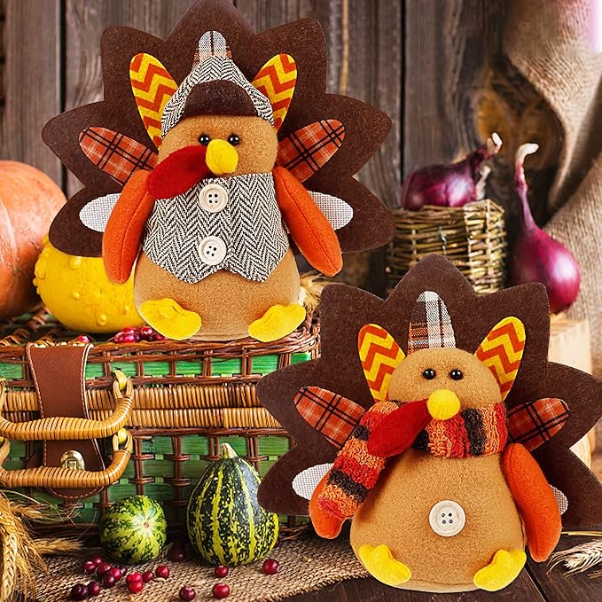 Lulu Home Thanksgiving Tabletop Decoration - Set of 2 Plush Standing Turkey Couple & Shelf Sitters Centerpiece - Fall Home Decor