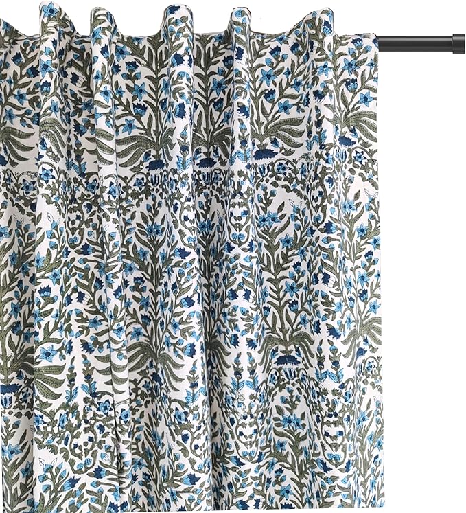 ATOSII 100% Cotton Single Panel Floral Block Print Curtain, Easy Hanging with Rod Pocket & Loop, Living Room, Dining Room, Bedroom Light Filtering Boho Curtains, Set of 1, 60" W X 108" L, Nargis Blue
