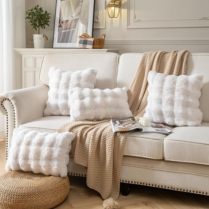 Pack of 2 Thick Plush Throw Pillow Covers Fluffy Wave Faux Fur Decorative Cushion Covers Soft Wool Pillowcase for Sofa Couch Livingroom 24x24 Inch White