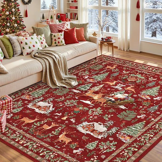 Lahome Christmas Rug for Living Room, 8x10 Soft Large Rug for Bedroom, Christmas Tree Santa Claus Non Slip Washable Red Xmas Indoor Floor Carpet for Dining Room Holiday Decor