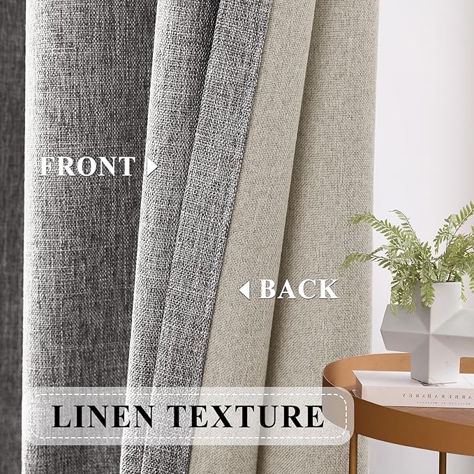Macochico Pinch Pleated 100% Blackout Linen Curtains 120 Inch Width by 102 Inch Length, Thermal Window Drapes for Living Room Bedroom Nursery Farmhouse, Dark Grey Drapery with Tieback 1 Panel