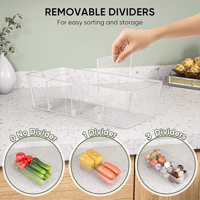 BALEINE Pantry Organizers and Storage Bins, Plastic Clear Storage Bins with 3 Removable Dividers, BPA-Free Fridge Organizers for Kitchen Cabinet Bathroom (10.5x6.1x3.5, 2PK)