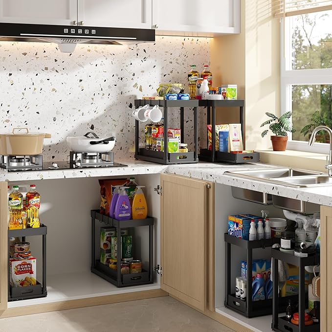 2PC Under Sink Organizer Rack 2 Tier Under Sliding Cabinet Basket Organizer Drawer with 4 Hooks, Multi-purpose Under Sink Storage for Bathroom Kitchen Desktop(Black)
