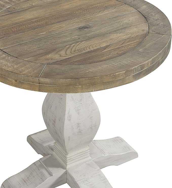 Napa Solid Wood Farmhouse Rustic Reclaimed Natural and White Stain Round End Side Accent Living Room Table, Nightstand Bedside 26" W x 26" D x 25" H