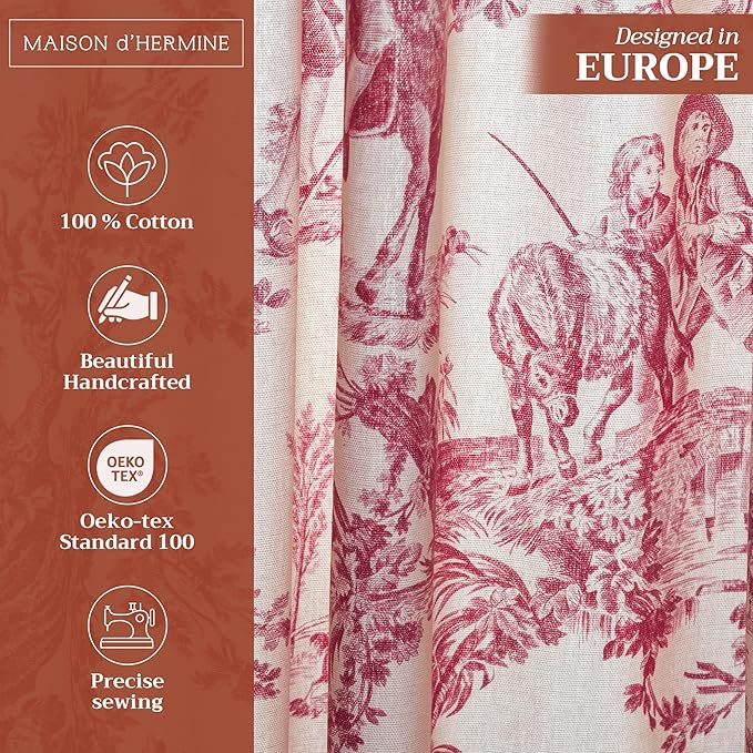 Maison d' Hermine Curtains for Living Room 100% Cotton 108 inch Length Two Panels Light Filtering Toile Curtains for Bedroom Windows with Rod and Loop Pockets Drapes (The Miller Red, 50" W x 108" L)