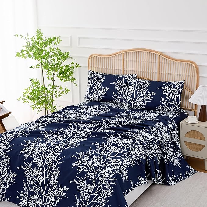 Spirit Linen Bed Sheets Queen Size - Pure Microfiber 4 Piece Polyester Bed Sheets - Soft Sheets Queen for All Seasons (Foliage Navy/White, Queen)