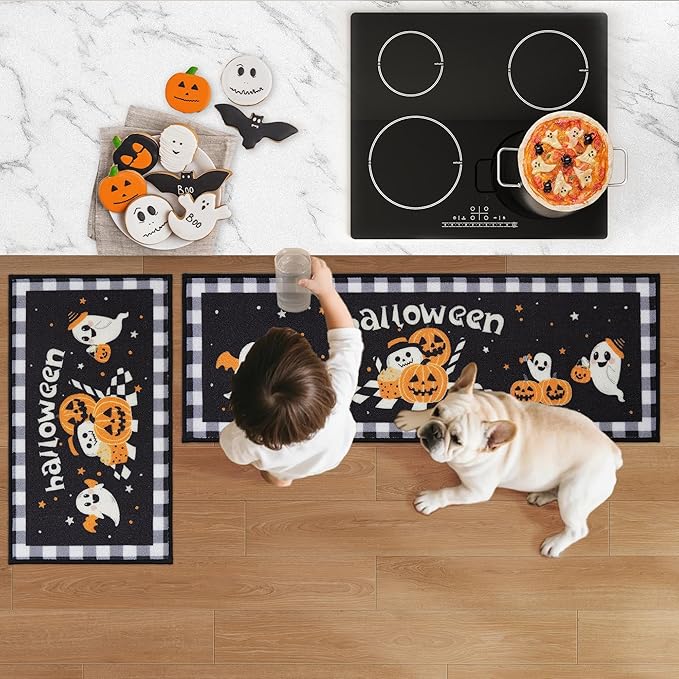 JSEI Halloween Holiday Kitchen Mats for Floor, Non-Slip Ghost and Pumpkins Decorative Kitchen Rugs Set of 2, Home Decor Low-Profile Kitchen Runner Rug Washable, 17"x30"+17"x48", Ghost and Pumpkins