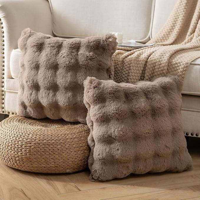 Pack of 2 Thick Plush Throw Pillow Covers Fluffy Wave Faux Fur Decorative Cushion Covers Soft Wool Pillowcase for Sofa Couch Livingroom 24x24 Inch Taupe
