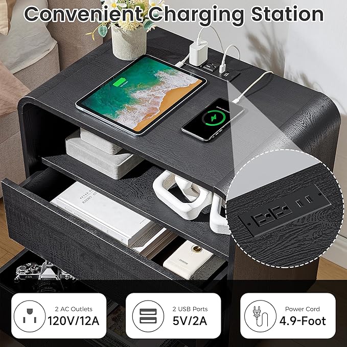 Black Nightstand with Charging Station, 25" Tall Wood Bedside Table, Modern End Table with 2 Storage Drawers, Curved Profile, Mid Century Night Stand for Bedroom, Dorm, Sofa, Office