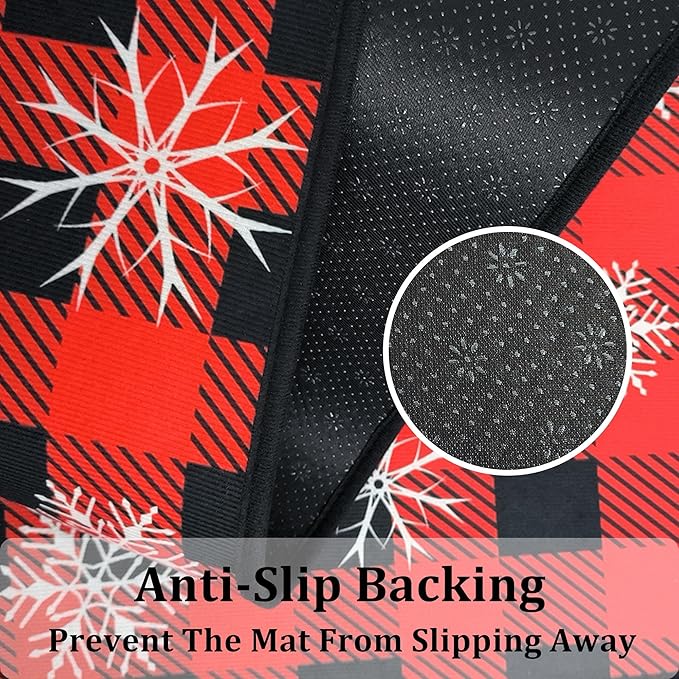 Buffalo Plaid Christmas Kitchen Rugs and Mats Set of 2 PCS, Xmas Snow Winter Holiday Party Low-Profile Floor Mat Merry Christmas Decorations for Home Kitchen - 17"x47"+17"x30"