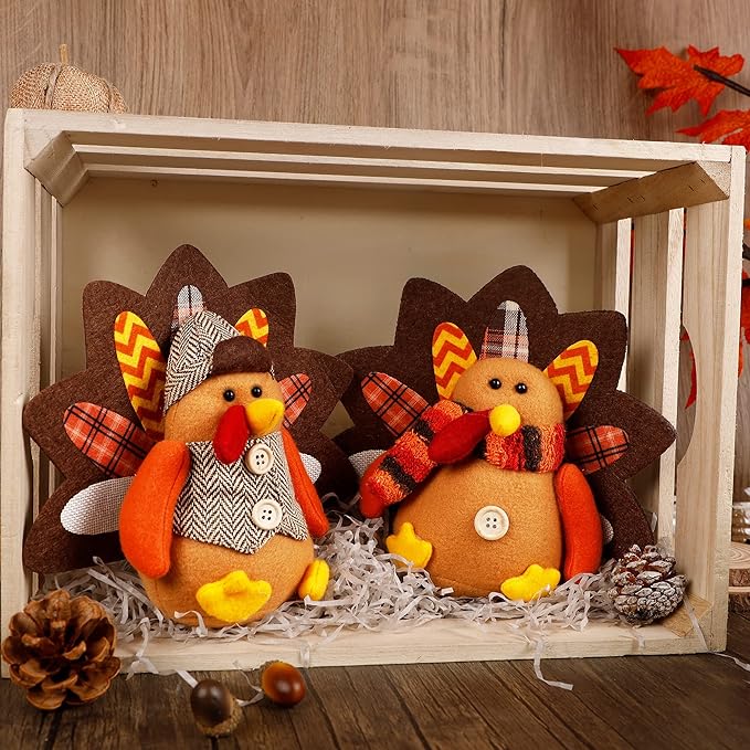 Lulu Home Thanksgiving Tabletop Decoration - Set of 2 Plush Standing Turkey Couple & Shelf Sitters Centerpiece - Fall Home Decor