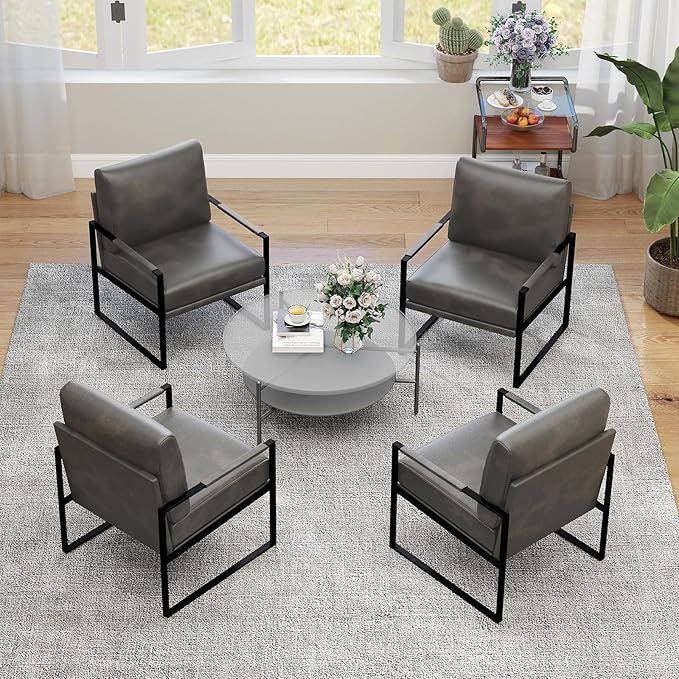INZOY Mid Century Modern Accent Chair with Removable Cushions Set of 6, Comfy PU Leather Living Room Chairs with Thicker Backrest and Cushion, Metal Frame Design, Dark Grey