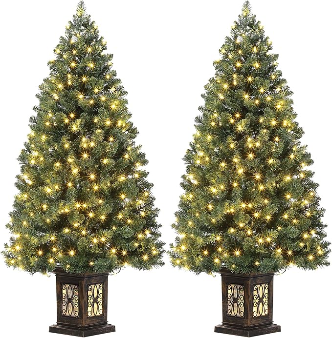4.5ft Green Christmas Tree, Pre-Lit Artificial Potted Xmas Tree with 300 Led Lights, 8 Lighting Modes, Antique Urn Base Design, Dense Branch Realistic Home Party Decoration w/Easy Assembly,2 PCS