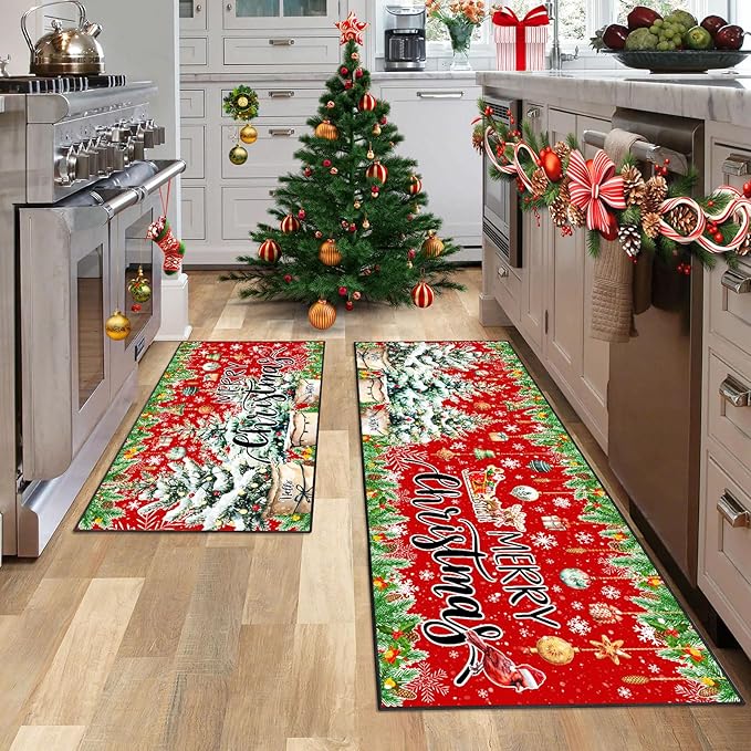 ACZHHZC Merry Christmas Kitchen Rugs and Mats Set of 2, Winter Snowflake Xmas Tree Holiday Home Kitchen Decor Floor Mats, Washable Non-Slip Sink Carpet (Christmas 1, 17"x47"+17"x30")
