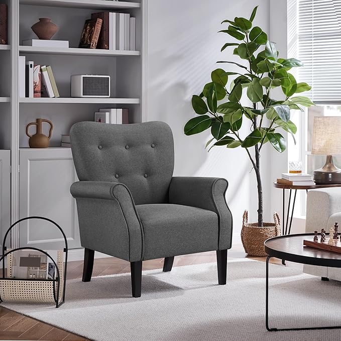 Yaheetech Modern Armchair, Mid Century Accent Chair with Sturdy Wood Legs and High Back for Small Space, Upholstered Fabric Sofa Club Chair for Living Room/Bedroom/Office, Dark Gray