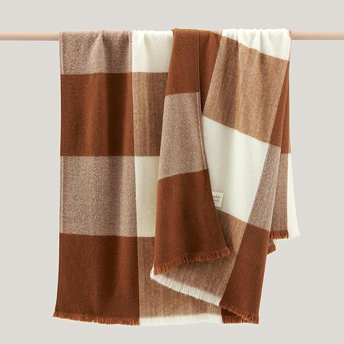 Double Stitch Alpaca Wool Throw Blanket - Warm, Soft Blanket for Couch, Luxury & Decorative Fleece Throw, Fall Plaid, Gift for Mother's Day, House Warming, 50" x 60", Harvest Brown & Cream