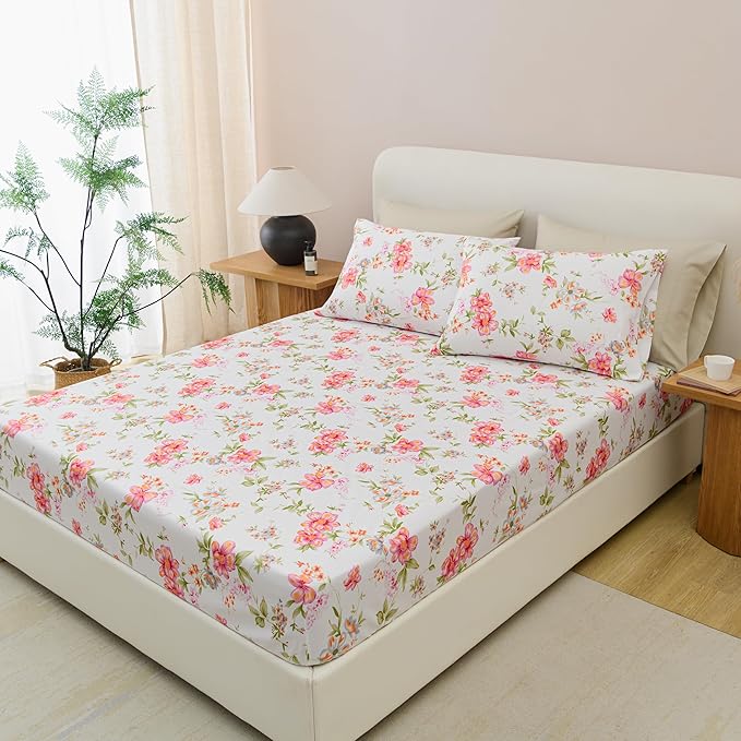 King Size Bed Sheets Set Deep Pockets - 6PC Floral Ultra Soft Microfiber Bed Sheets - Easy to Clean, 90 Thread Count Sheets with Fitted Sheet, Flat Sheet & Pillowcases (Pink/Green Floral)