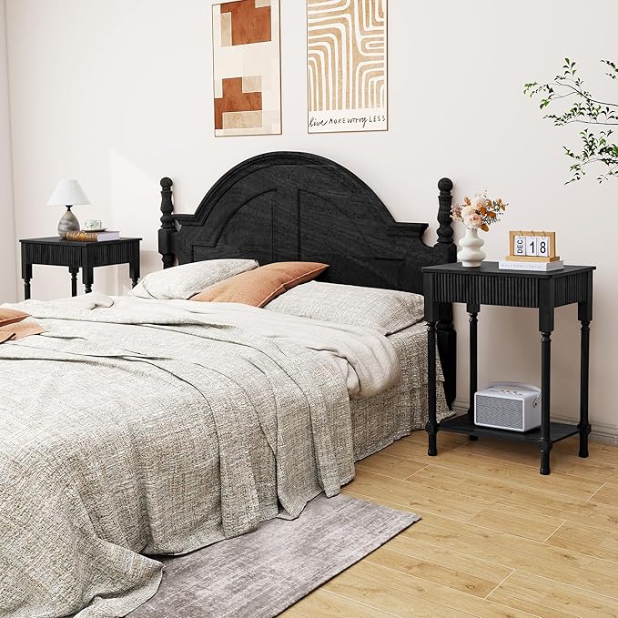23.6” Large End Table with Charging Station, Set of 2, Modern Farmhouse Side Table Sofa Tables with Fluted Drawer, Wooden Bedside Table Night Stand for Bedroom Living Room Home Office, Black