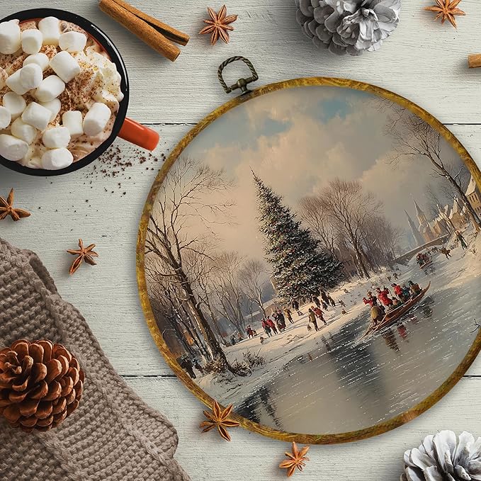 CUANFDDSF Rustic Christmas Winter Round Wall Art, Christmas Winter Scene Framed Hanging Wall Decor, Farmhouse Cozy Xmas Holiday Canvas Prints Decorations for Home Bedroom Living Room, 10x10 Inch