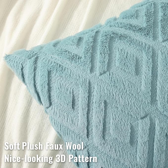 decorUhome Couch Throw Pillow Covers 20x20 Set of 2, Decorative Soft Plush Faux Wool Neutral Accent Pillow Covers for Bed Sofa Living Room, Light Teal