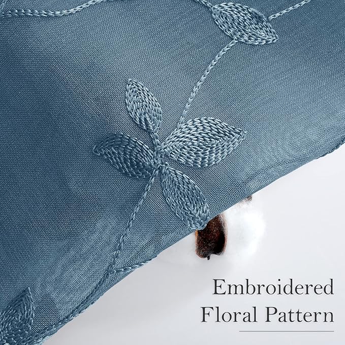 HOMEIDEAS Cyan Blue Sheer Curtains 52 X 63 Inches Length 2 Panels Embroidered Vine Floral Pattern Pocket Faux Linen Semi Sheer Voile Window Drapes for Bedroom Living Room