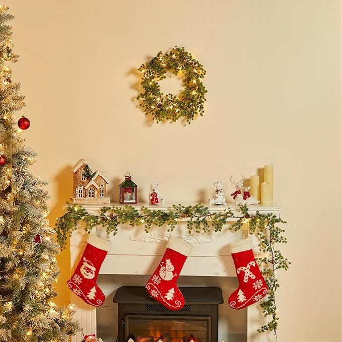 Brightown Christmas Garland with Lights, Battery Operated, 6 Ft 20 LED Lighted Pine Leaves Garland Decorated with Pine Cones, Berry, Indoor & Outdoor Christmas Lights for Mantle Stairs Wall, 2 Pack