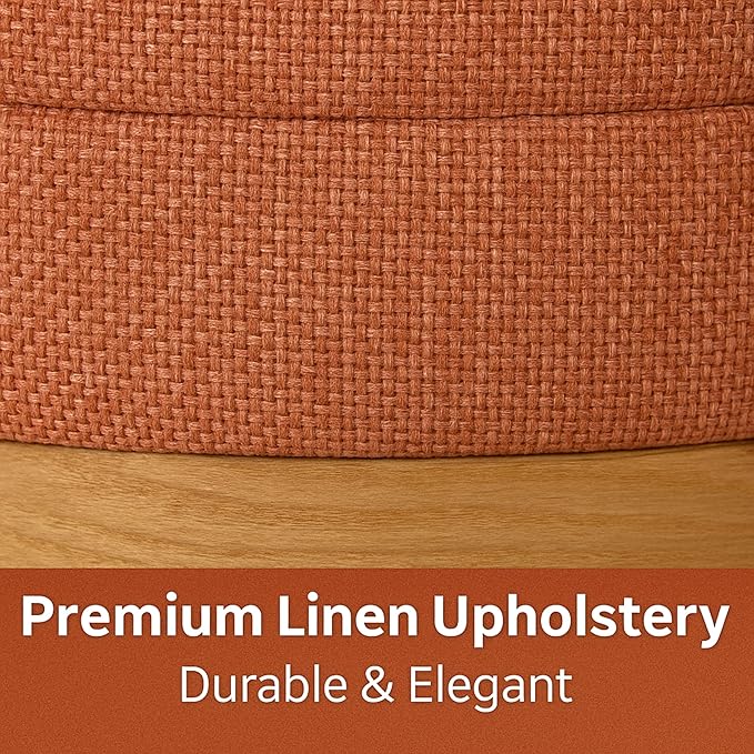Round Ottoman with Storage โ Elegant Durable Linen Upholstered Footrest Bench for Living Room, Cylinder Vanity Stool โ Coral Orange