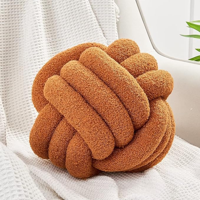 Uvvyui Knot Pillow Ball, Soft Home Decorative Pillows, Round Throw Pillow, Handmade Knotted Plush Pillow, Round Boucle Pillow Cushion (8.6 Inches Caramel)