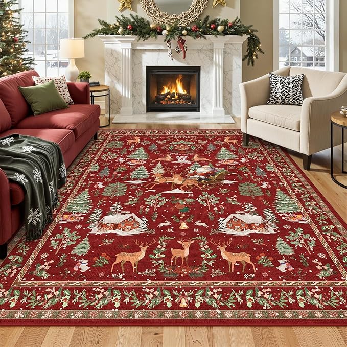 Lahome Christmas Rug for Living Room, 8x10 Soft Large Rug for Bedroom, Christmas Tree Santa Claus Non Slip Washable Red Xmas Indoor Floor Carpet for Dining Room Holiday Decor
