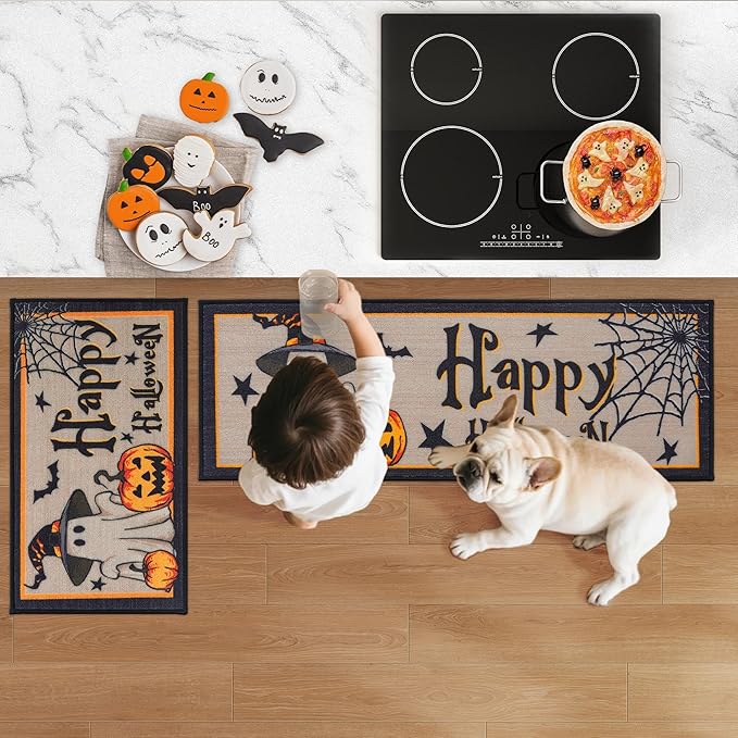 JSEI Halloween Holiday Kitchen Mats for Floor, Non-Slip Ghost and Pumpkins Decorative Kitchen Rugs Set of 2, Home Decor Low-Profile Kitchen Runner Rug Washable, 17"x30"+17"x48", Cute Ghost Pattern
