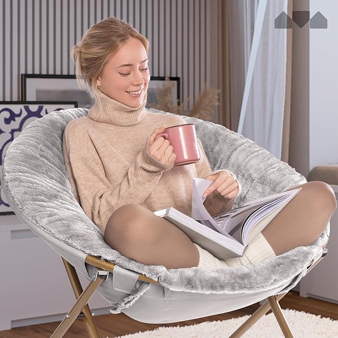 Milliard Saucer Chair for Adults, Teens & Kids, Light Grey, Faux Fur XL Circle Chair for Bedroom, Dorm & Gaming, Foldable Comfy Accent Seat for Small Spaces, Folding Moon/Mushroom/Round Style