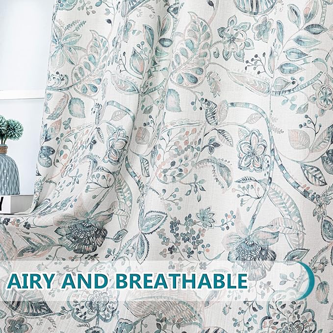 MYSKY HOME Floral Curtains Cotton Curtains 84 Inch Length Semi Sheer Curtains Light Filtering Curtains for Living Room Bedroom Floral Printing Window Treatment Grommet 2 Panels,Green