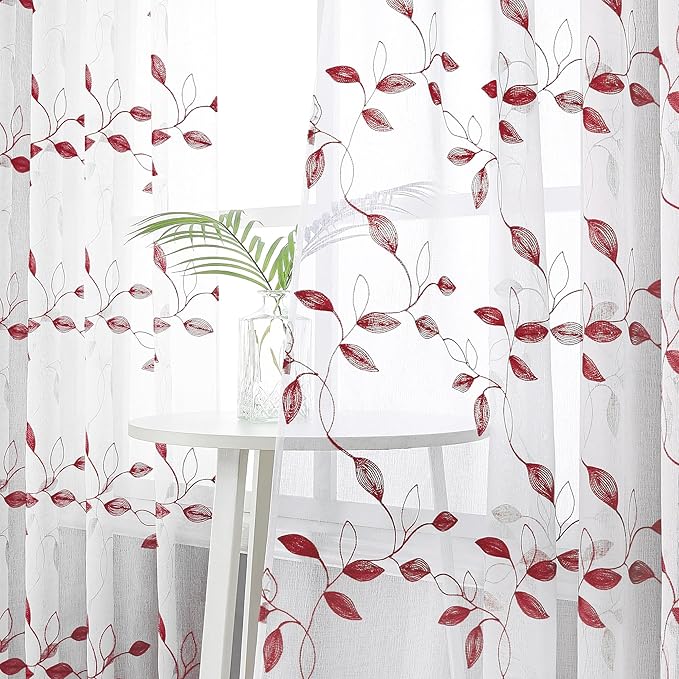 Tollpiz Burgundy Red Leaf Sheer Tier Curtains Leaves Embroidered Kitchen Short Curtain Rod Pocket Voile Bathroom Curtains for Cafe, 30 x 24 inches Long, Set of 2 Panels