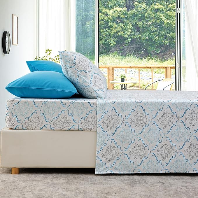 Queen Size Bed Sheets Set Deep Pockets - 6PC Floral Ultra Soft Microfiber Bed Sheets - Easy to Clean, 90 Thread Count Sheets with Fitted Sheet, Flat Sheet & Pillowcases (Turquoise Medallion)