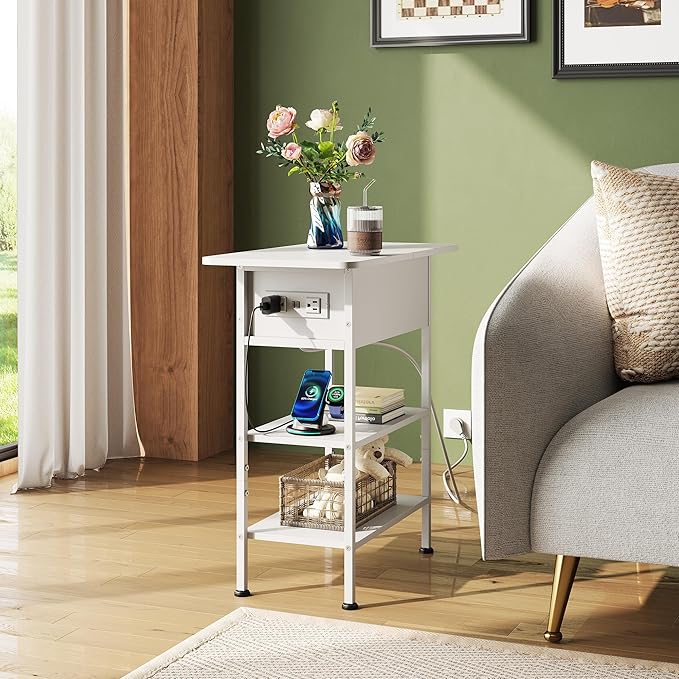 WLIVE End Table with Charging Station, Flip Top Side Table with Storage Shelf, Sofa Couch Table with USB Ports and Outlets, Narrow Bedside Table for Living Room, Bedroom ,11.81"D x 23.62"W x 24.33"H